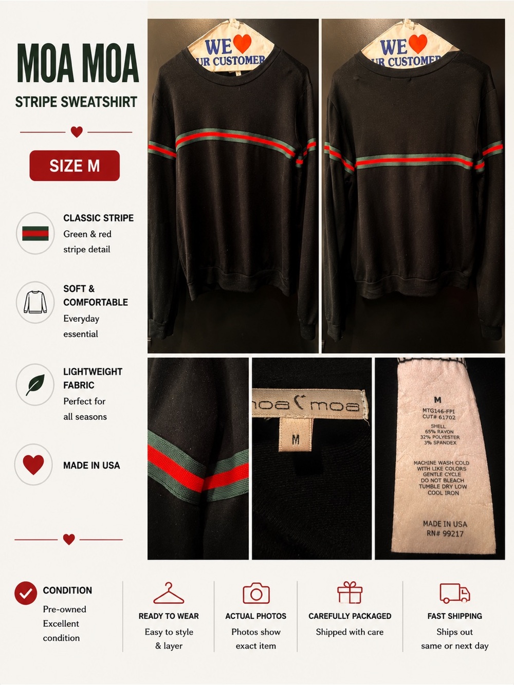 Moa Moa Black Crewneck Sweatshirt with Green and Red Stripe Detail